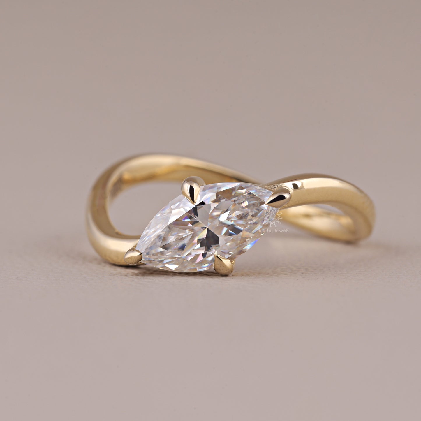 East West Marquise Cut Moissanite Solitaire Bypass Engagement Wedding Ring