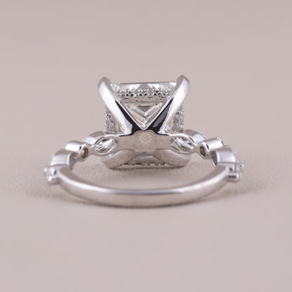 Princess Cut Moissanite Engagement Ring, White Gold Bubble Band Stacking Wedding Ring