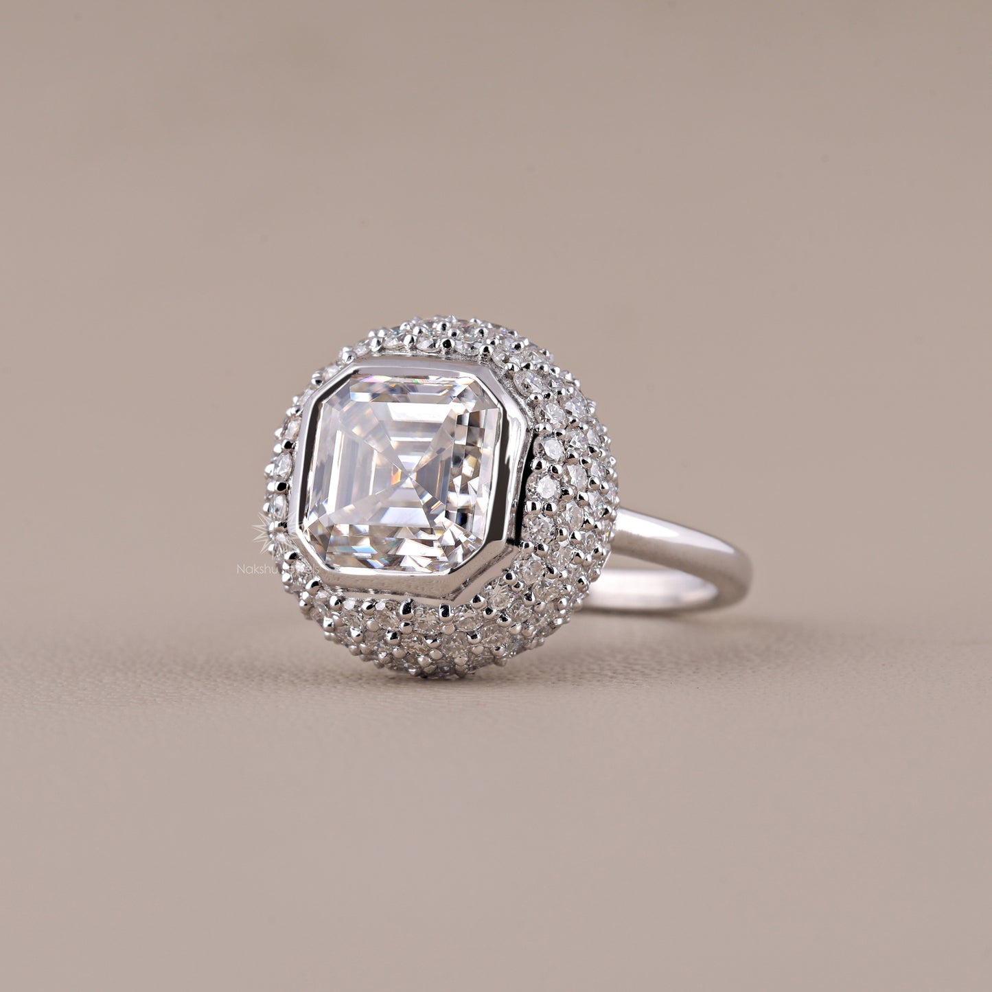 Stunning Bezel Set Asscher Cut Moissanite Pave Dome Engagement Ring