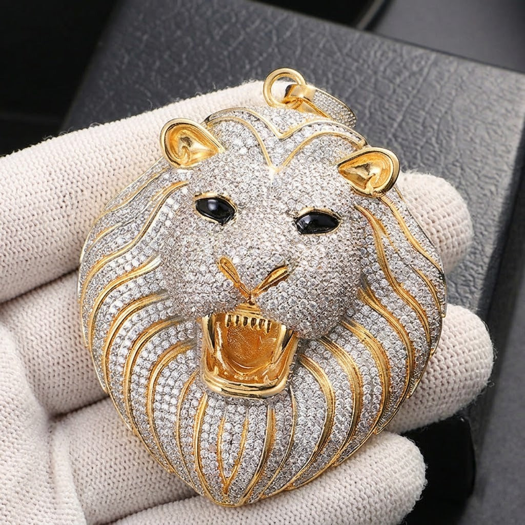 Gold Plated Fully Iced Out Moissanite Hip Hop Lion Face Pendant In 925 Sterling Silver For Men, Rapper