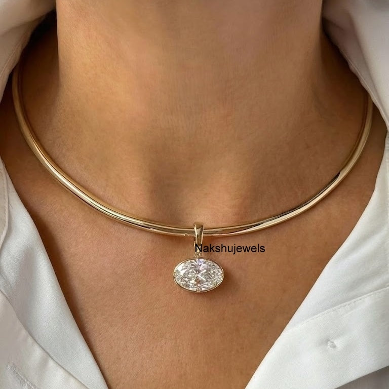 East West 3 Ct Oval Cut Moissanite Bezel Set 14k Gold Stunning Diamond Pendant For Women's