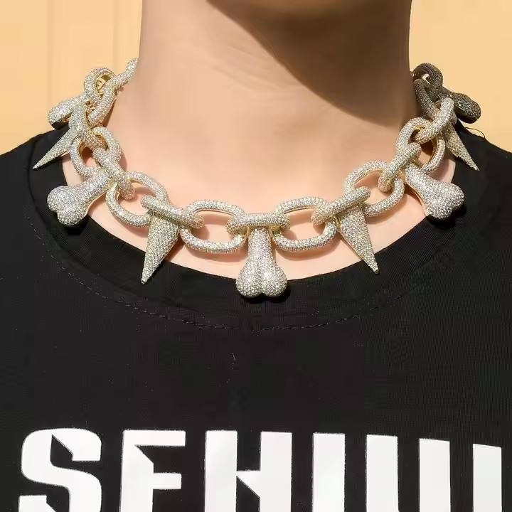 Hip Hop Style Bone Shape 18" Fully Iced Out Chains Necklace For Men, Rapper Chains, Hip Hop Jewelry
