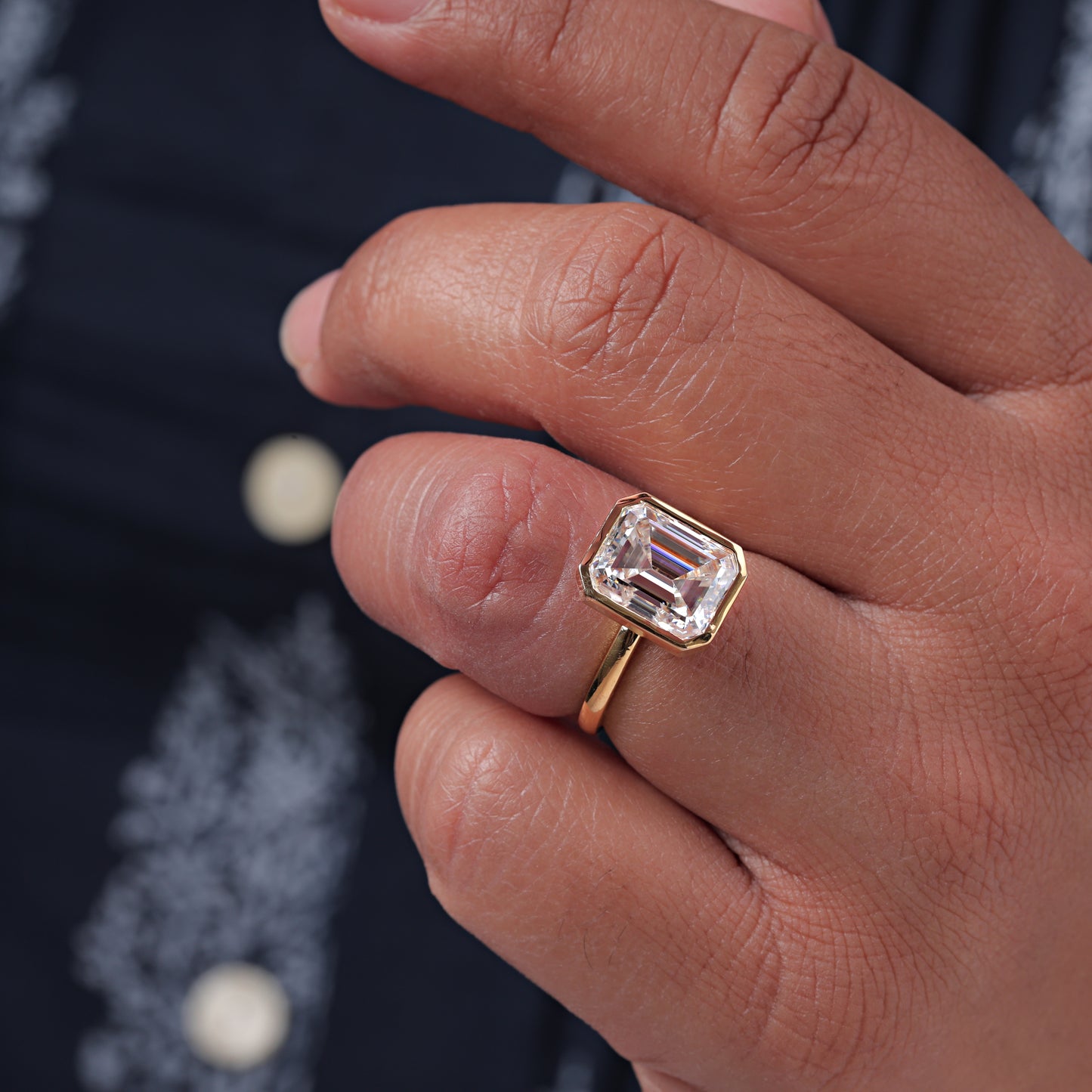 Bezel Set Emerald Cut Moissanite Solitaire Engagement Wedding Ring