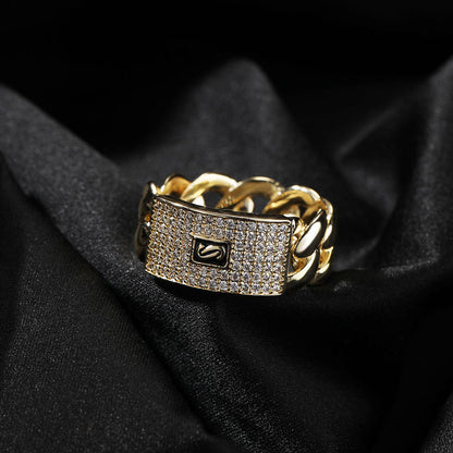 Round Moissanite Hip Hop Cuban Link Chain Rings, Iced Out Rings For Men
