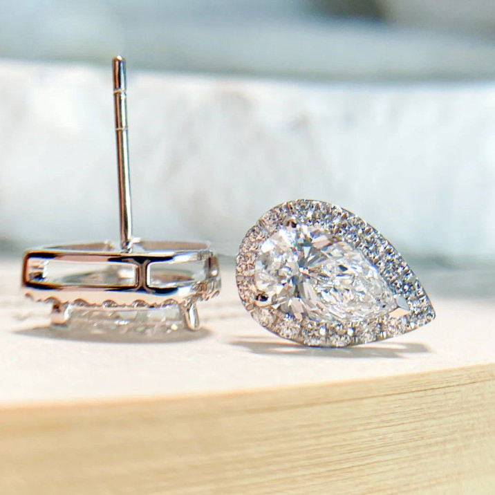 Pear Cut Colorless Classic Halo Moissanite Stud Earrings Gift For Wife, Mother, Daughter