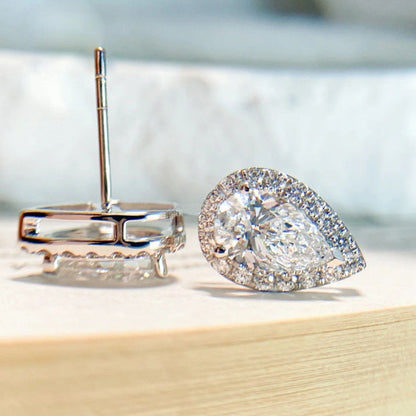 Pear Cut Colorless Classic Halo Moissanite Stud Earrings Gift For Wife, Mother, Daughter