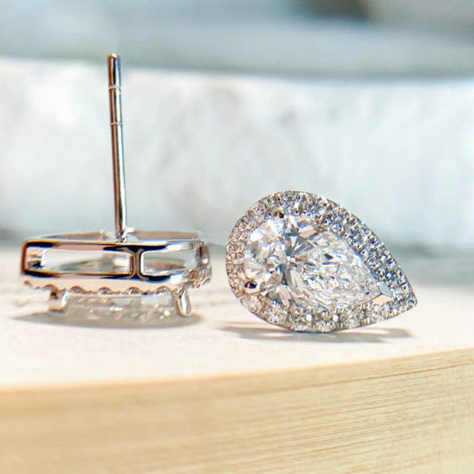 Pear Cut Colorless Classic Halo Moissanite Stud Earrings Gift For Wife, Mother, Daughter
