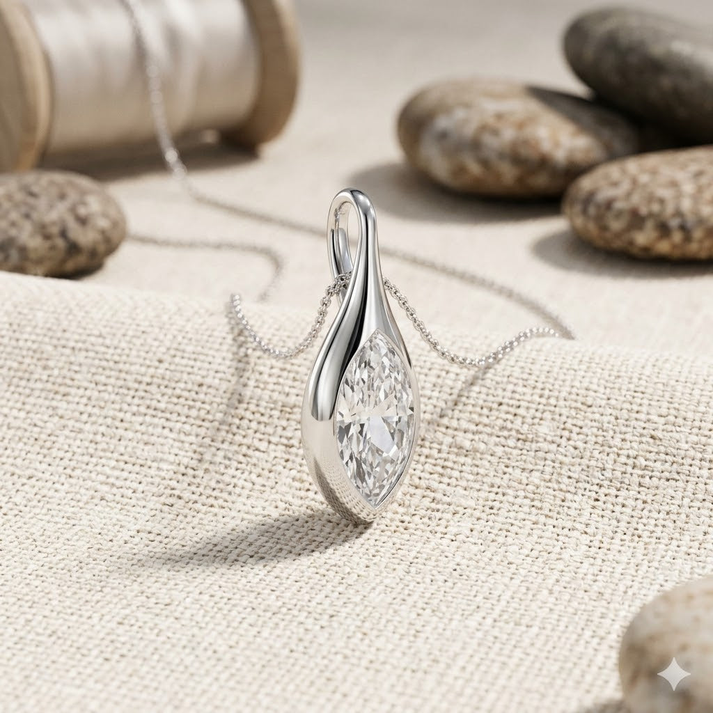 14K Solid Gold Marquise Cut Moissanite Bezel Set Solitaire Pendant For Women and Girls