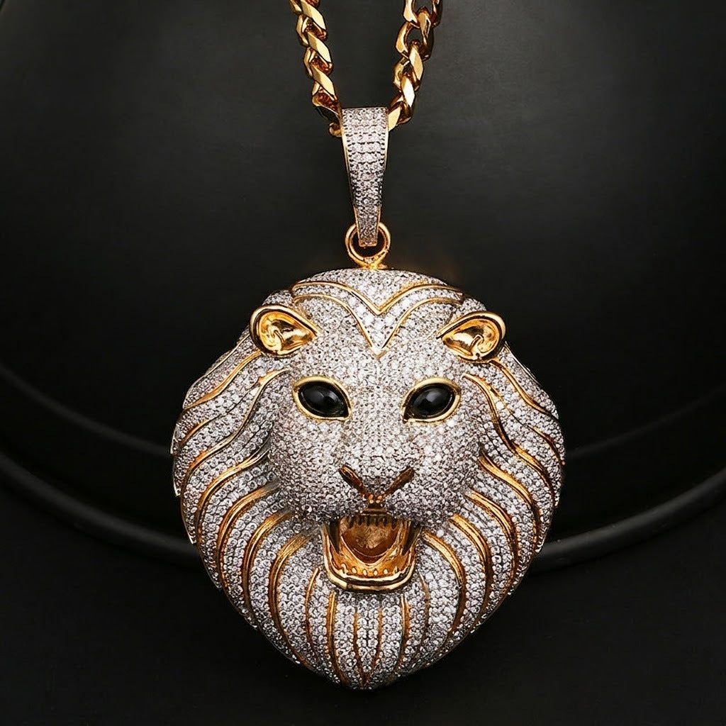Gold Plated Fully Iced Out Moissanite Hip Hop Lion Face Pendant In 925 Sterling Silver For Men, Rapper