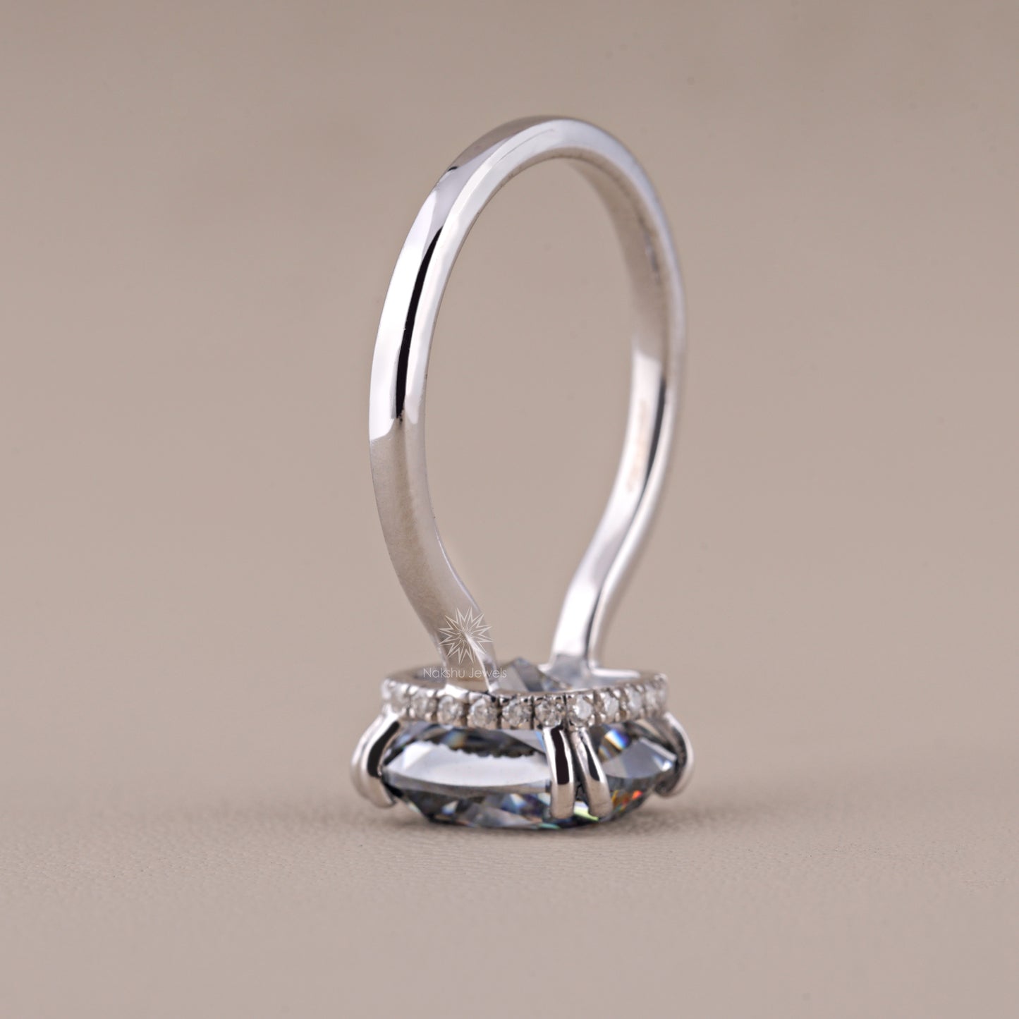 Elongated Cushion Cut Grey Moissanite Engagement Ring Hidden Halo Wedding Rings Unique Double Claw Prongs Setting Diamond