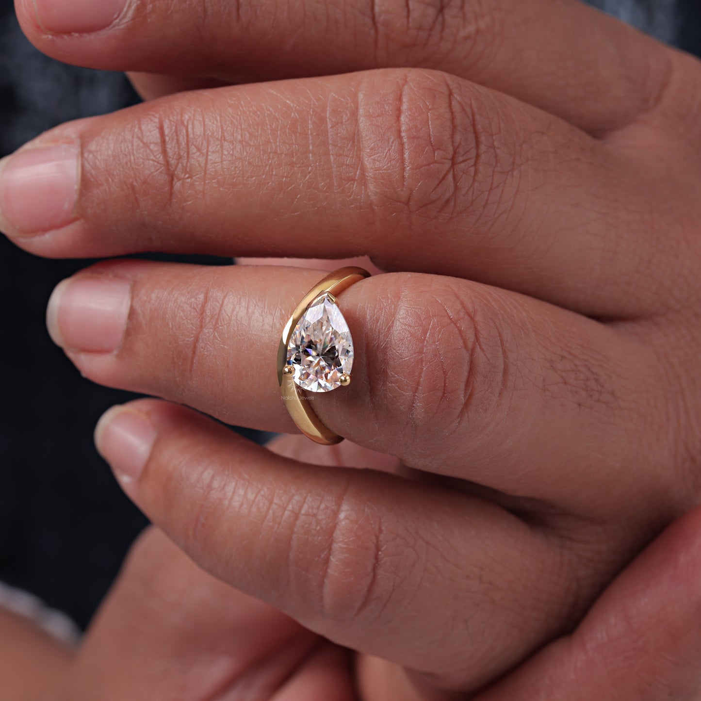 East West Pear Cut Moissanite Curved Engagement Ring In 14K Yellow Gold Wedding Wave Ring For Women