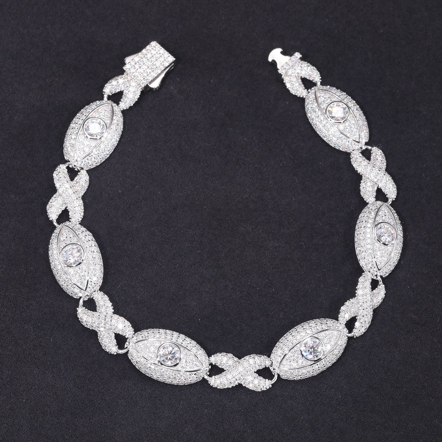 Hip Hop Round Cut Moissanite 12mm Evil Eyes Cuban Link Chain Bracelet in 925 Sterling Silver For Men