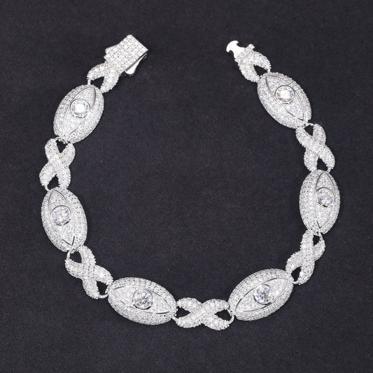 Hip Hop Round Cut Moissanite 12mm Evil Eyes Cuban Link Chain Bracelet in 925 Sterling Silver For Men