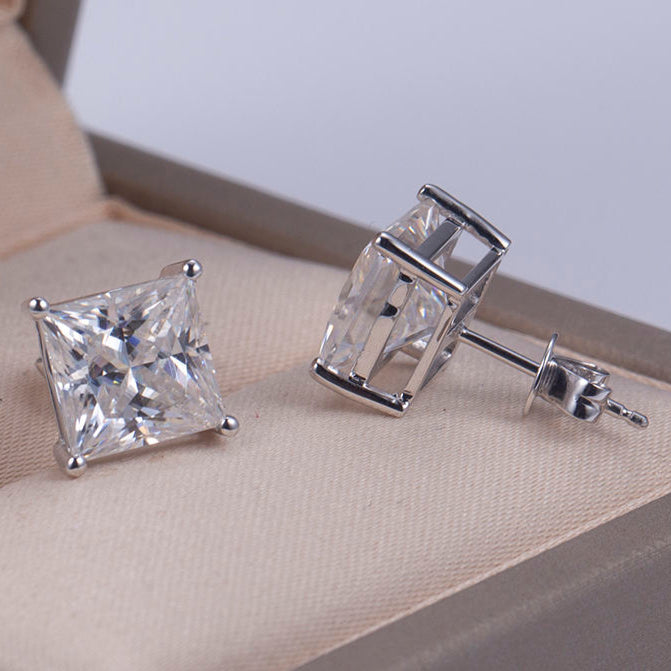 Princess Cut Colorless Moissanite Push Back Solitaire Stud Earring