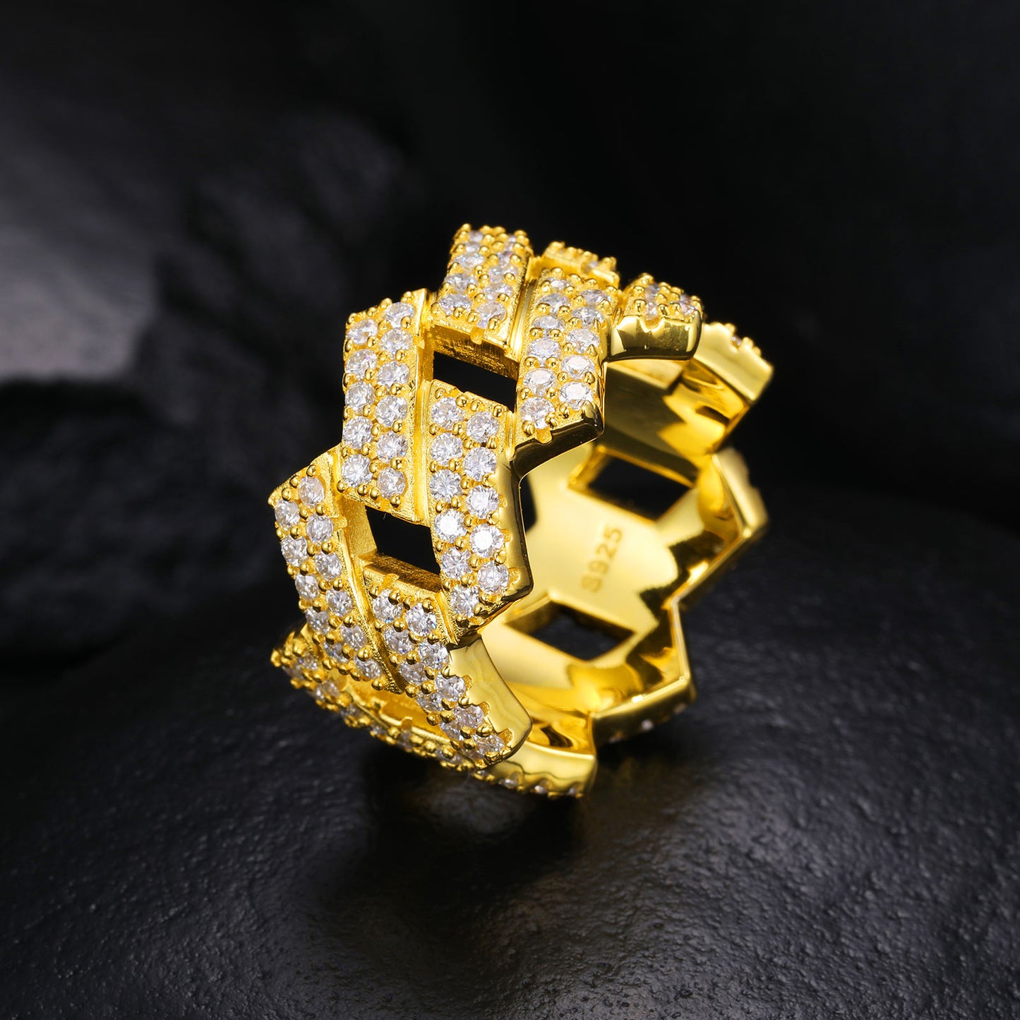 Iced Out Miami Cuban Link Chain Rings, Moissanite Hip Hop Jewelry Ring For Men
