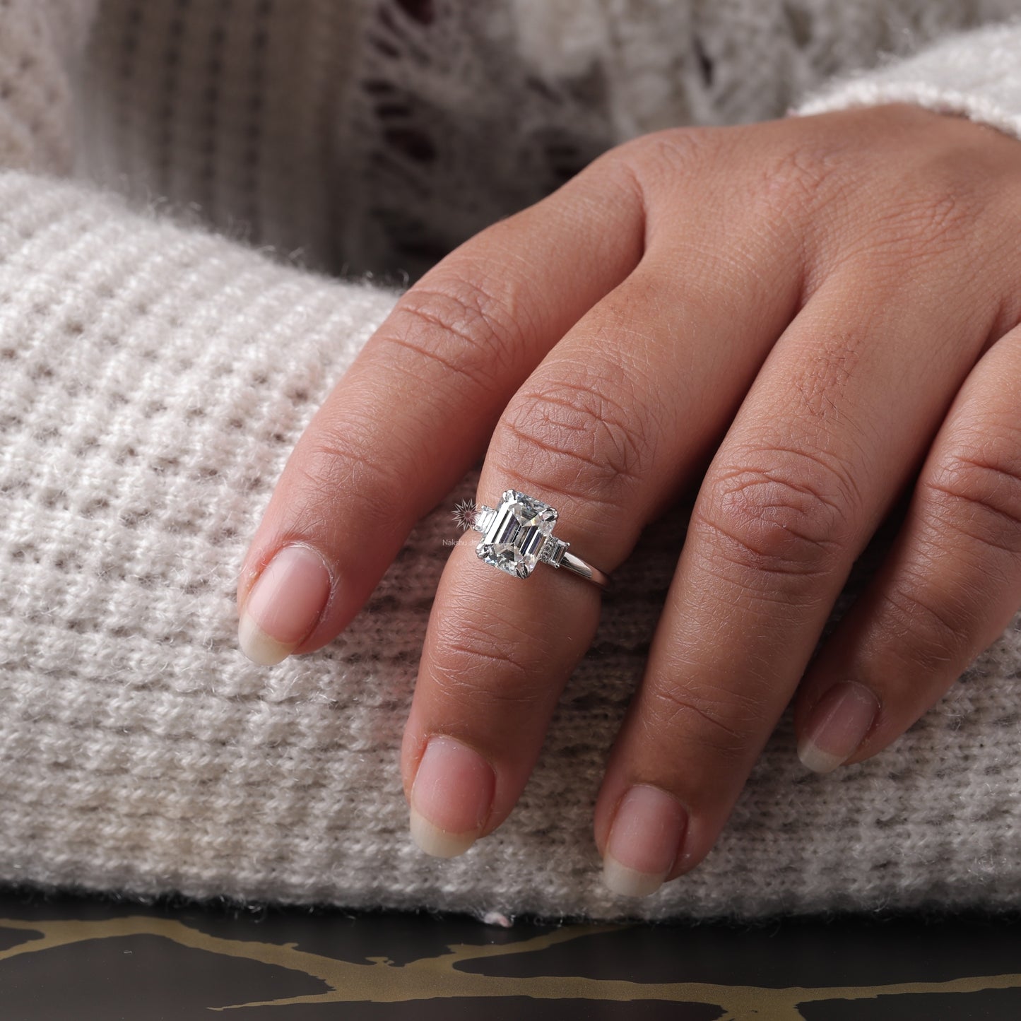 Emerald Cut Moissanite Three Stone Engagement Ring, 14K Gold 3 Stone Wedding Ring For Women