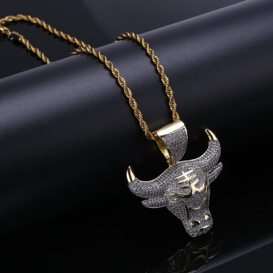 Hip Hop Moissanite Paved Ox Bull Head Pendant Necklace In 925 Sterling Silver For Rapper Men