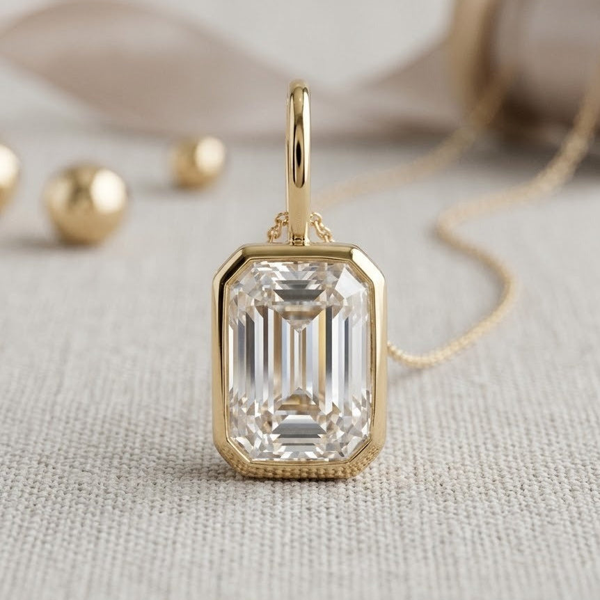 14K Solid Gold Emerald Cut Moissanite Bezel Set Solitaire Pendant For Women and Girls Only Pendant