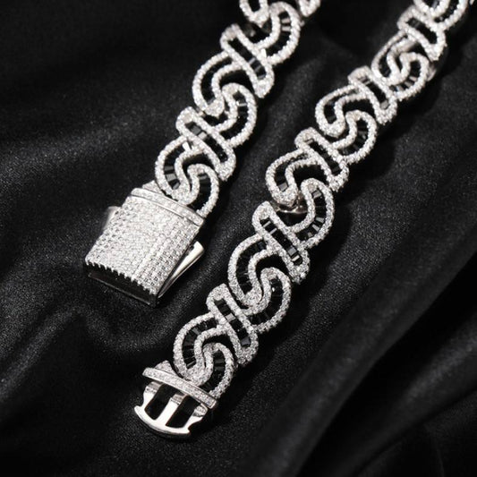 Iced Out Round Cut Moissanite Infinity Cuban Link Chain, Black CZ 925 Sterling Silver Necklace Mens Jewelry