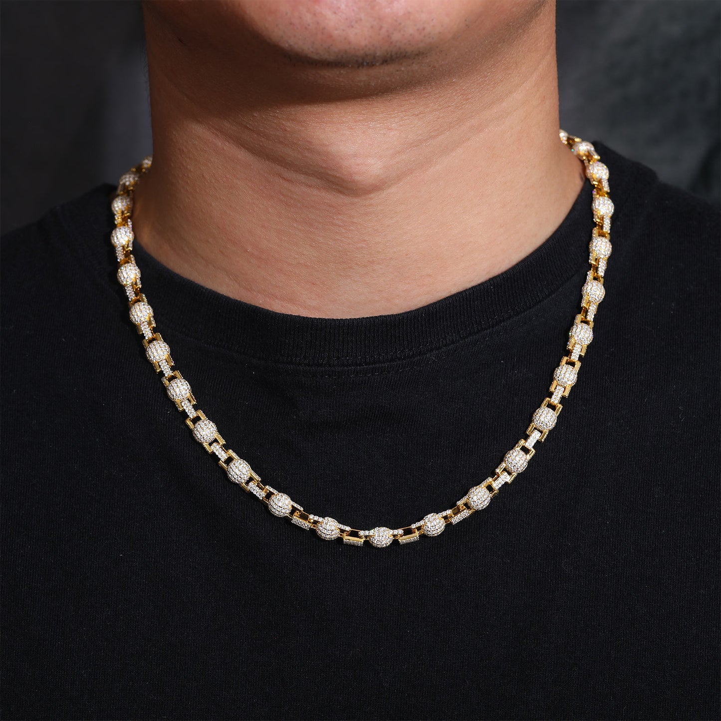 Hip Hop Moissanite Tennis Ball Chain Necklace, Iced Out Cuban Ball Link Chain in 925 Sterling Silver For Men