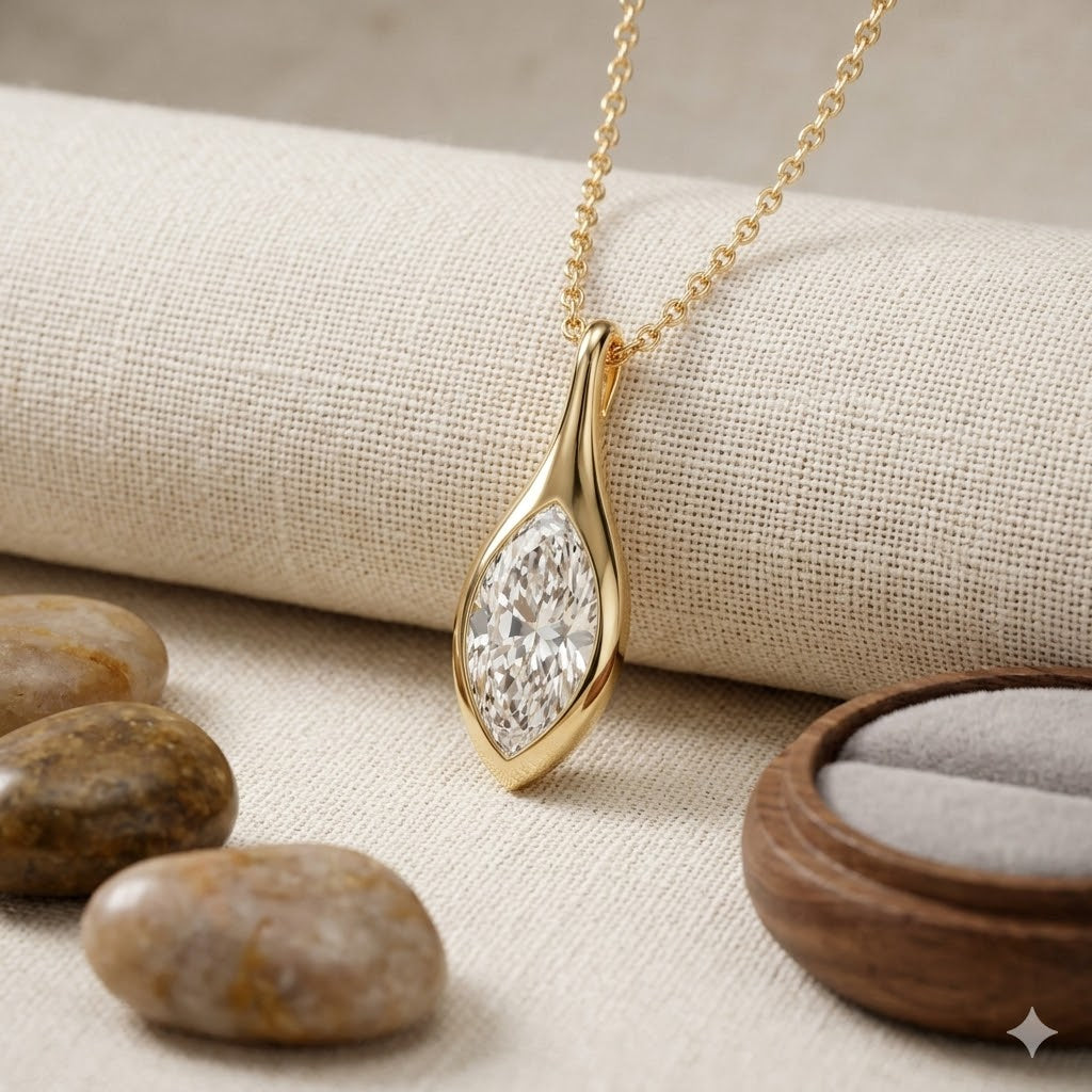 14K Solid Gold Marquise Cut Moissanite Bezel Set Solitaire Pendant For Women and Girls