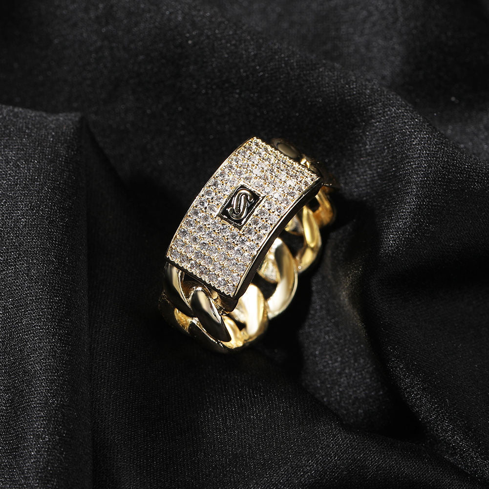 Round Moissanite Hip Hop Cuban Link Chain Rings, Iced Out Rings For Men