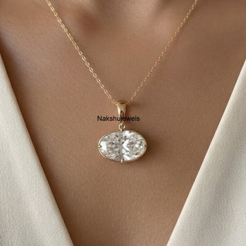 East West 3 Ct Oval Cut Moissanite Bezel Set 14k Gold Stunning Diamond Pendant For Women's