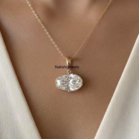 East West 3 Ct Oval Cut Moissanite Bezel Set 14k Gold Stunning Diamond Pendant For Women's