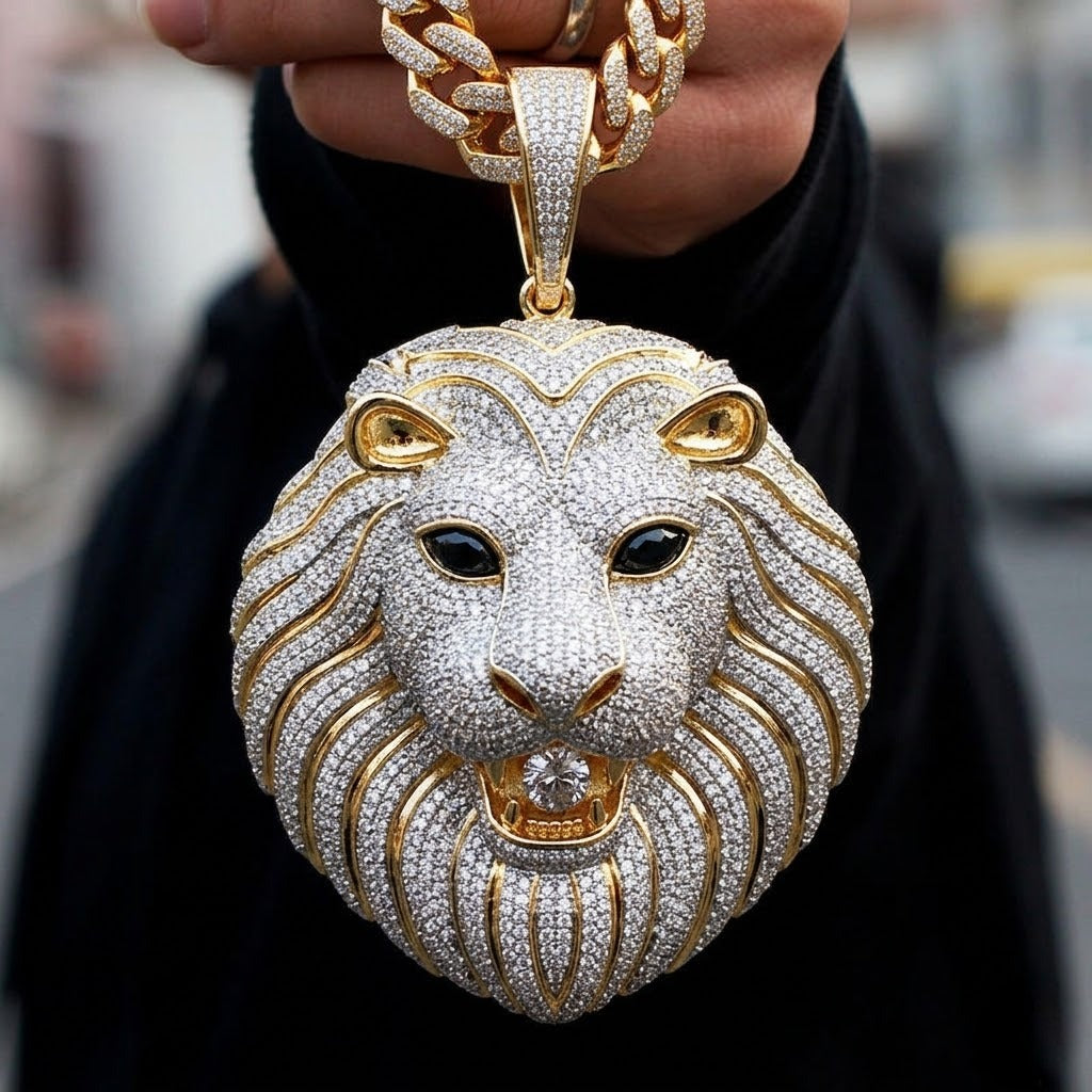 Gold Plated Fully Iced Out Moissanite Hip Hop Lion Face Pendant In 925 Sterling Silver For Men, Rapper