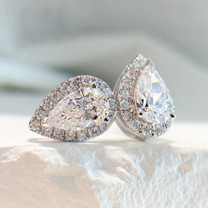 Pear Cut Colorless Classic Halo Moissanite Stud Earrings Gift For Wife, Mother, Daughter