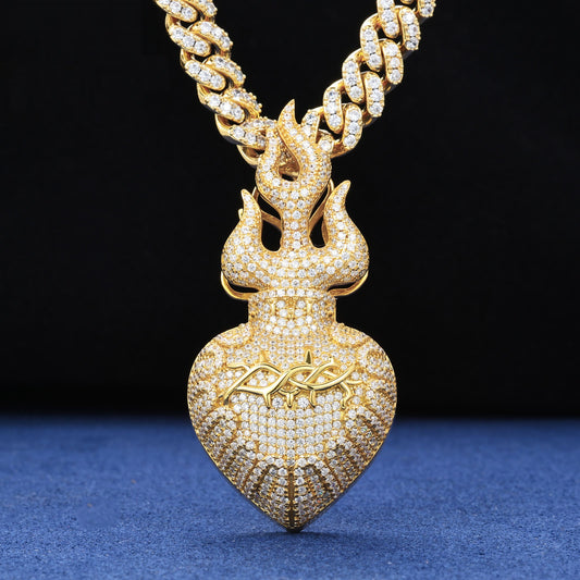 925 Stelring Silver Hip Hop Round Cut Moissanite Flame Heart Iced Out Pendant Jewelry For Men - Rapper