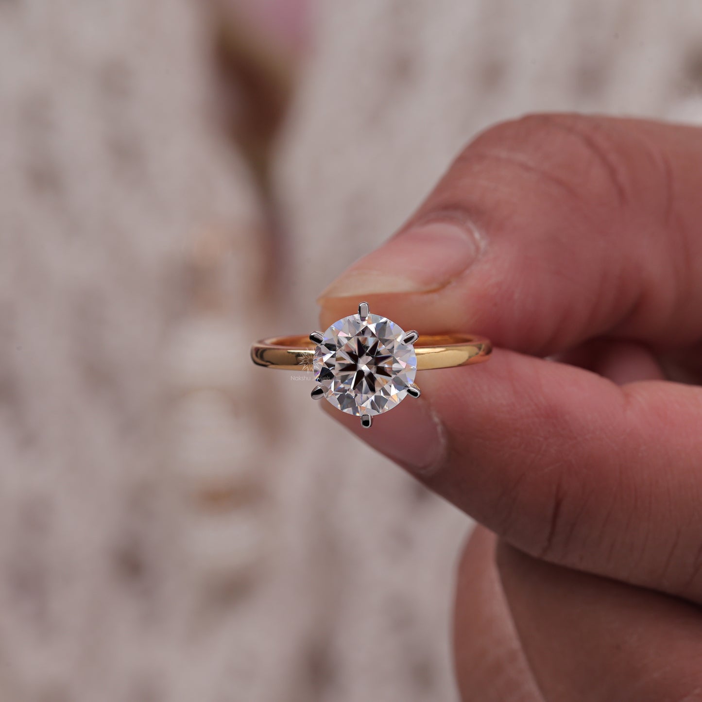 Brilliant Round Cut Moissanite Six Prong Engagement Ring In 14K Solid Gold