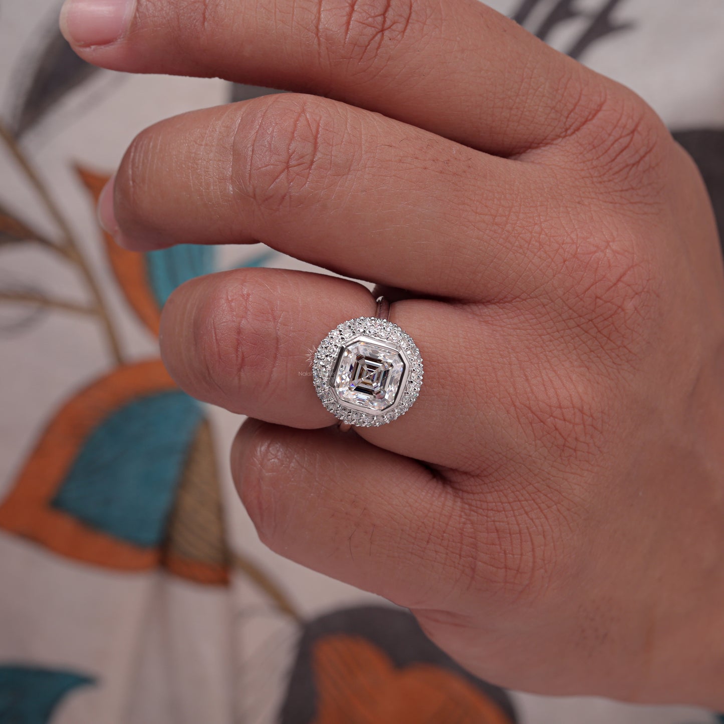 Stunning Bezel Set Asscher Cut Moissanite Pave Dome Engagement Ring