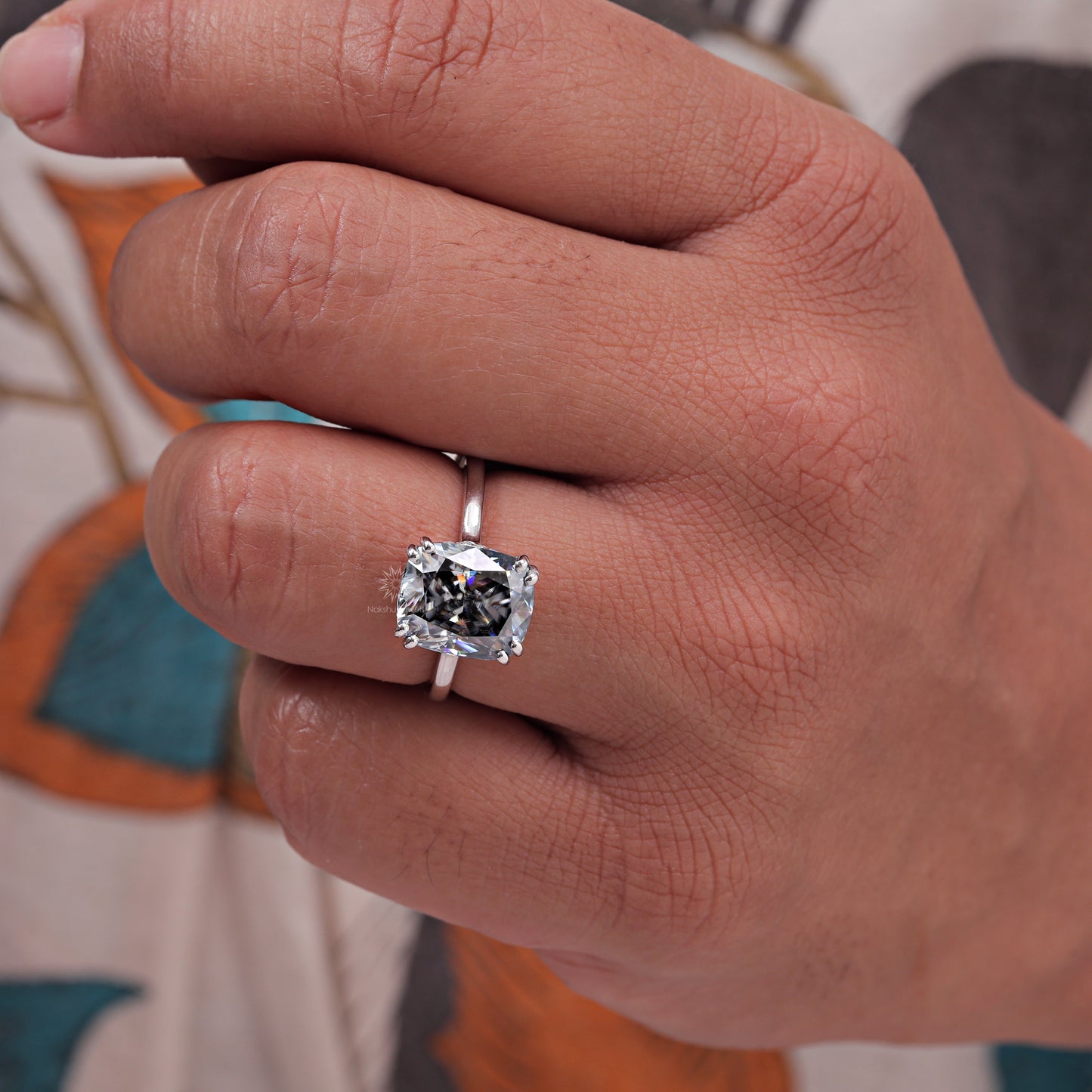 Elongated Cushion Cut Grey Moissanite Engagement Ring Hidden Halo Wedding Rings Unique Double Claw Prongs Setting Diamond