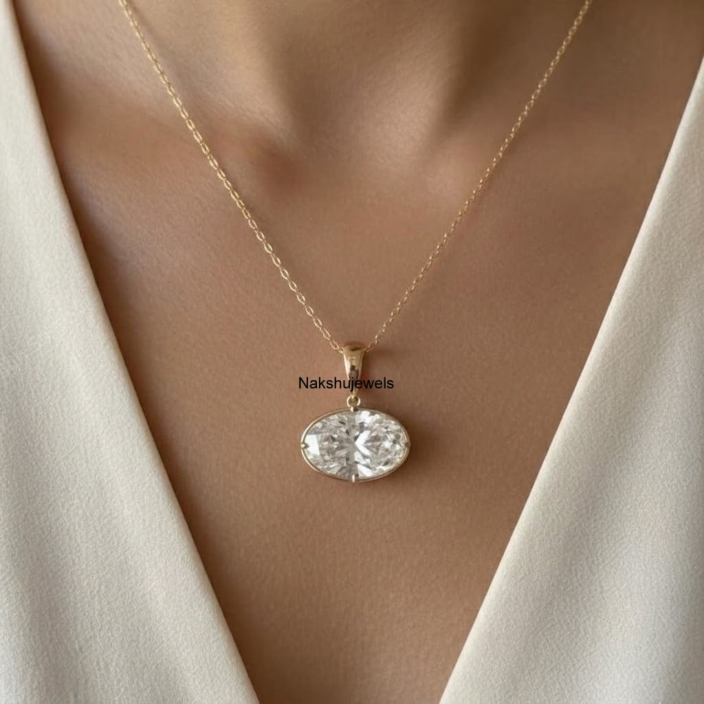 East West 3 Ct Oval Cut Moissanite Bezel Set 14k Gold Stunning Diamond Pendant For Women's