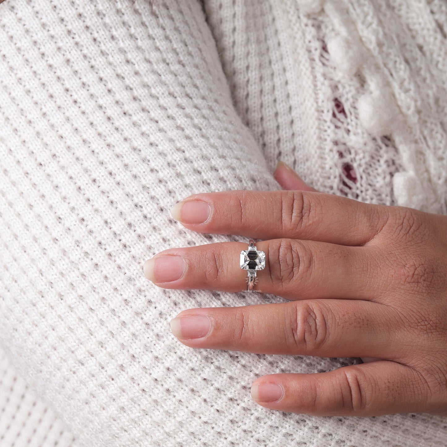 Emerald Cut Moissanite Three Stone Engagement Ring, 14K Gold 3 Stone Wedding Ring For Women