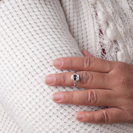 Emerald Cut Moissanite Ring with Baguette and Pavé Accent Shoulders