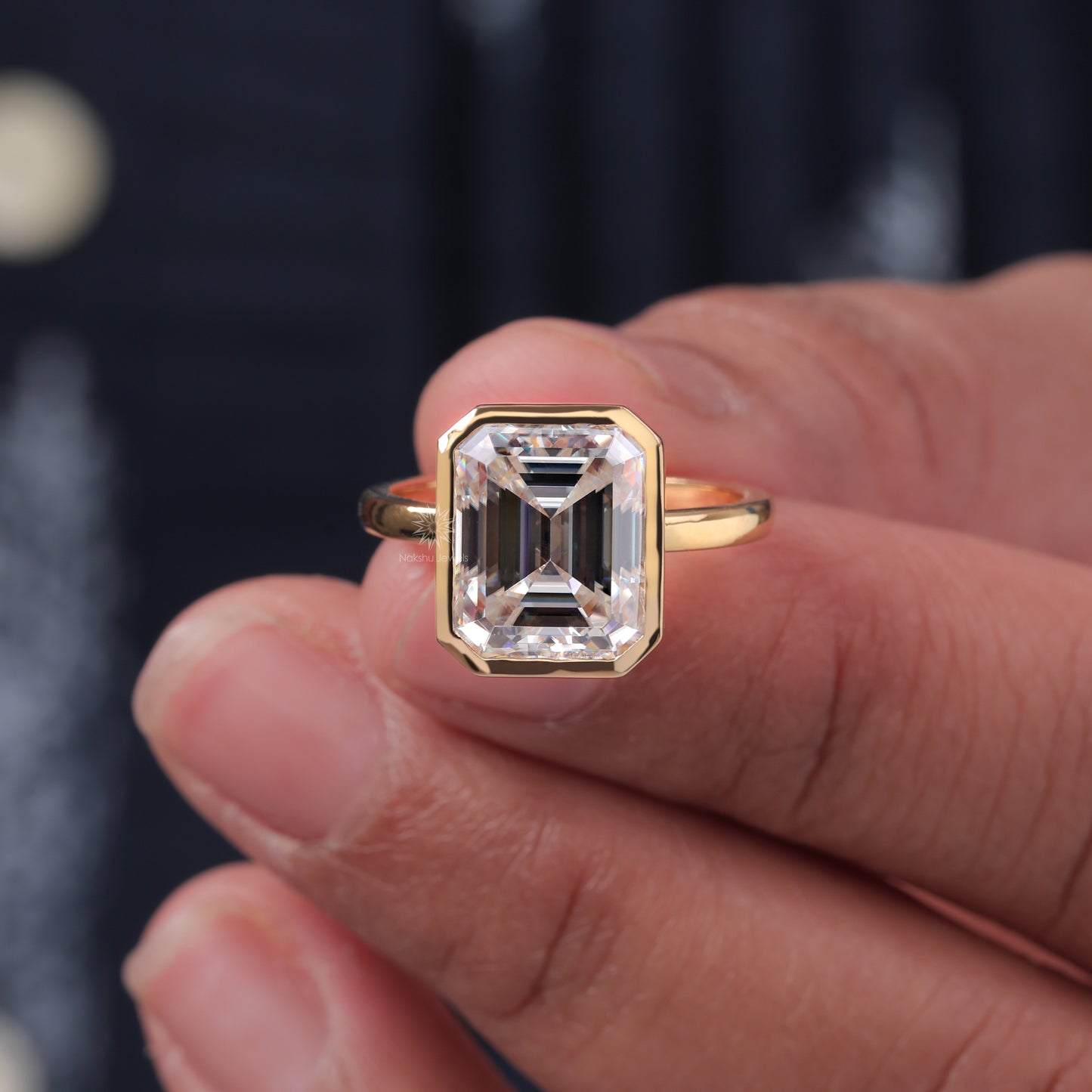 Bezel Set Emerald Cut Moissanite Solitaire Engagement Wedding Ring