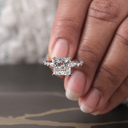 Princess Cut Moissanite Engagement Ring, White Gold Bubble Band Stacking Wedding Ring