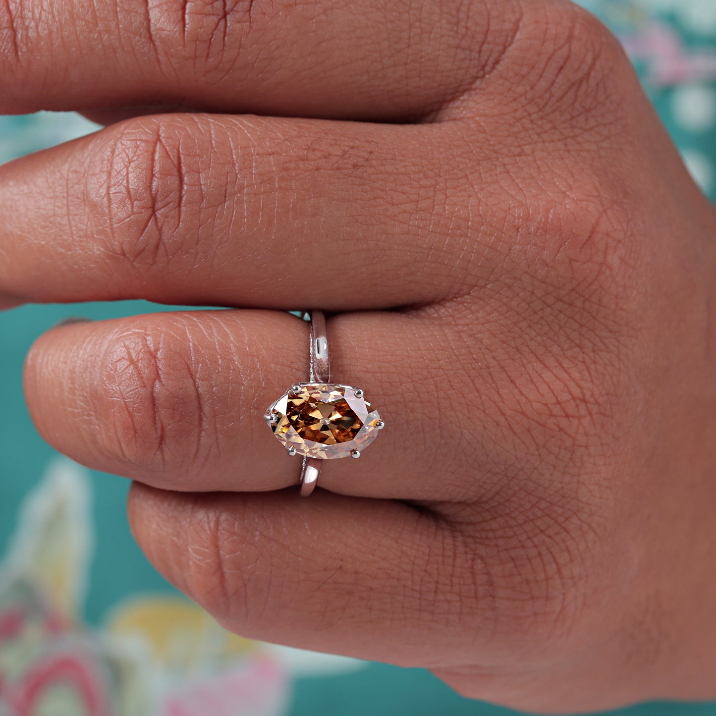 Old Mine Champagne Oval Cut Moissanite Tulip Setting Solitaire Engagement Wedding Ring