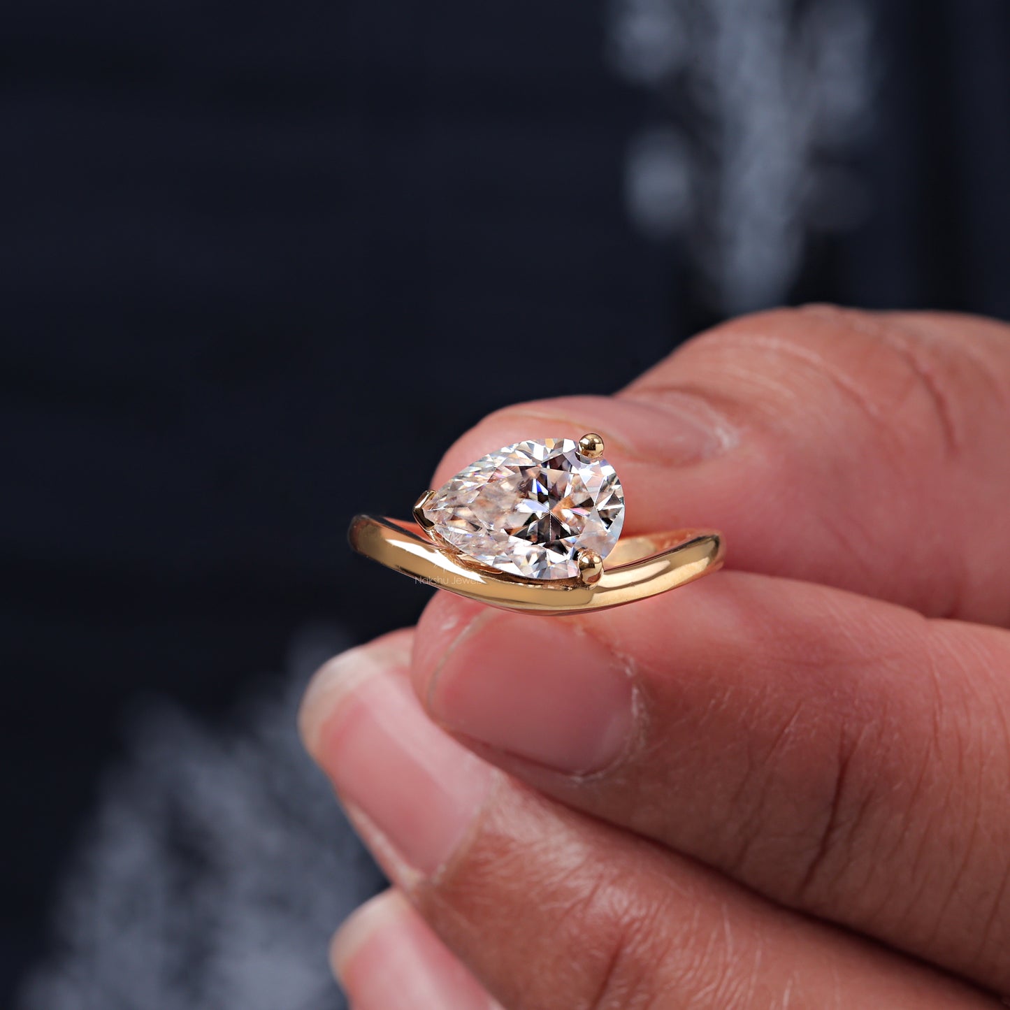 East West Pear Cut Moissanite Curved Engagement Ring In 14K Yellow Gold Wedding Wave Ring For Women