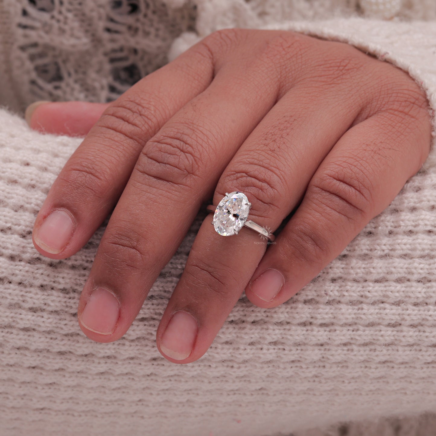 Solitaire Oval Cut Moissanite  Hidden Halo Engagement Ring In Solid Gold In Cathedral Setting Ring