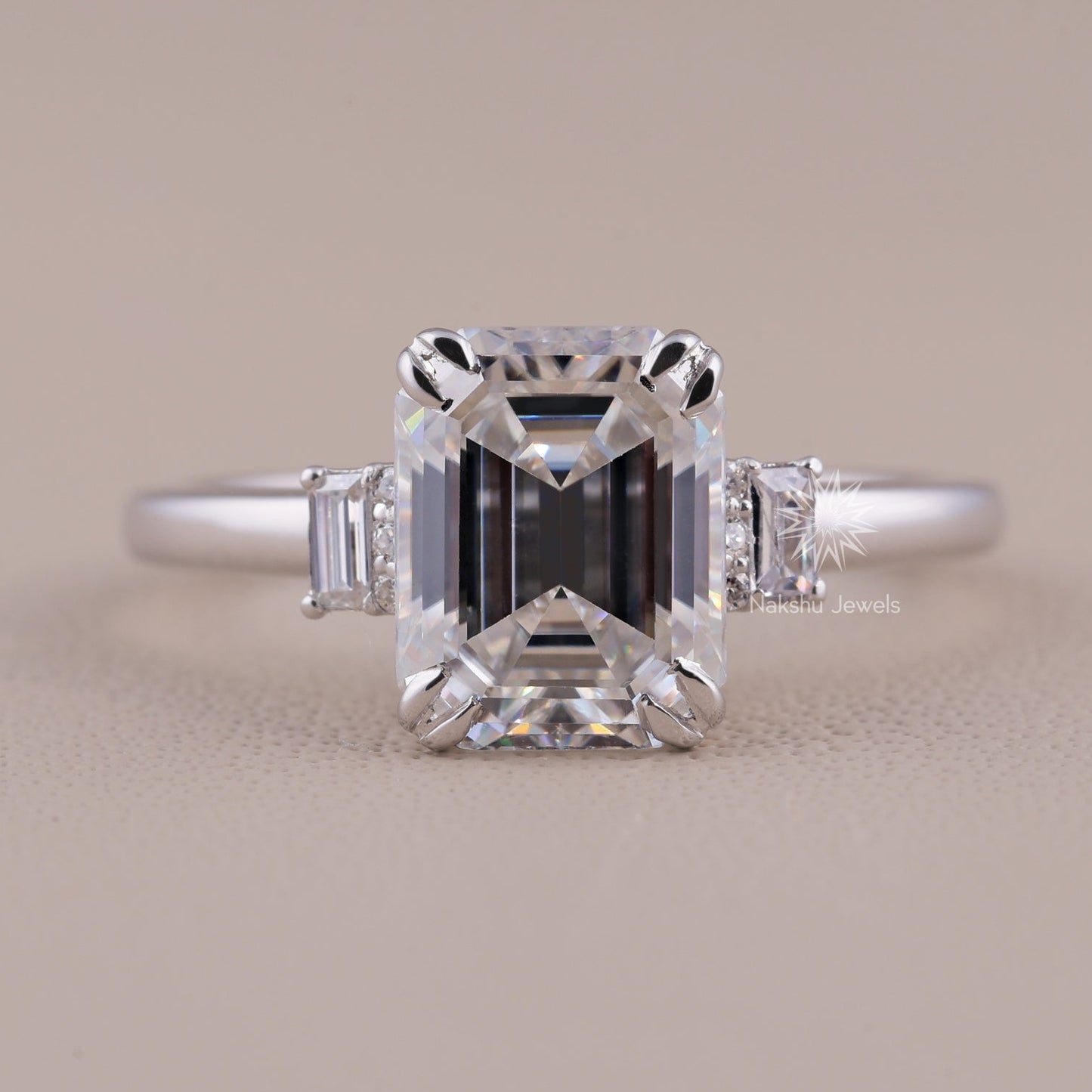 Emerald Cut Moissanite Three Stone Engagement Ring, 14K Gold 3 Stone Wedding Ring For Women