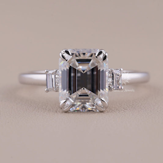 Emerald Cut Moissanite Three Stone Engagement Ring, 14K Gold 3 Stone Wedding Ring For Women