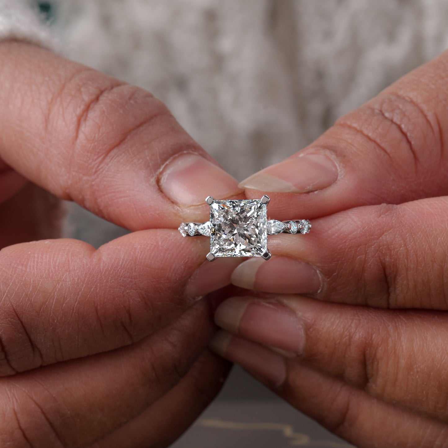 Princess Cut Moissanite Engagement Ring, White Gold Bubble Band Stacking Wedding Ring