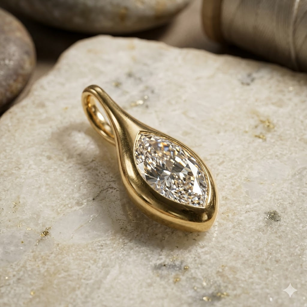 14K Solid Gold Marquise Cut Moissanite Bezel Set Solitaire Pendant For Women and Girls