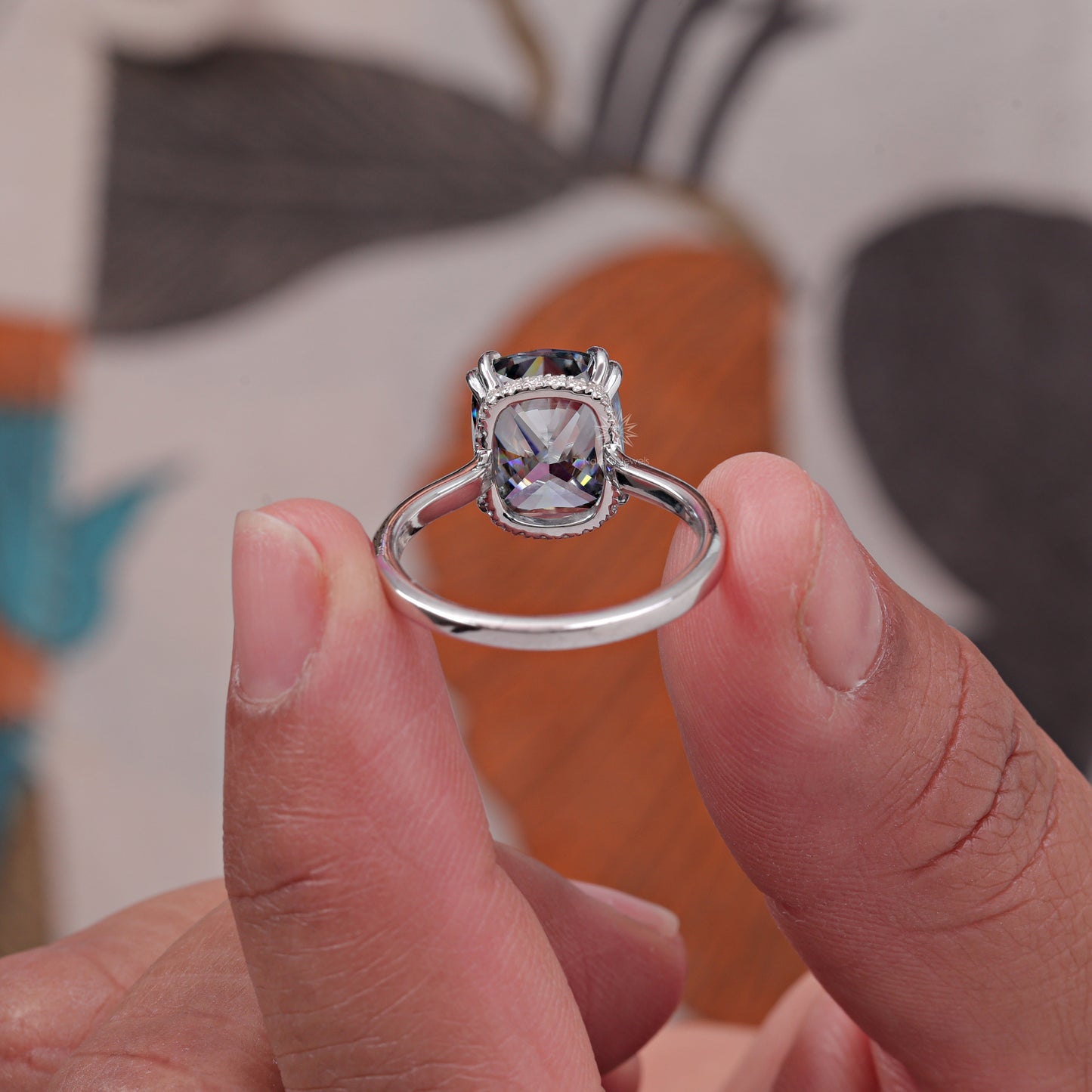 Elongated Cushion Cut Grey Moissanite Engagement Ring Hidden Halo Wedding Rings Unique Double Claw Prongs Setting Diamond