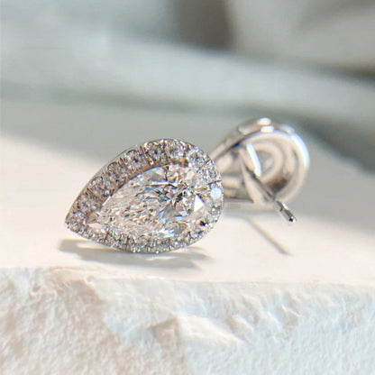 Pear Cut Colorless Classic Halo Moissanite Stud Earrings Gift For Wife, Mother, Daughter