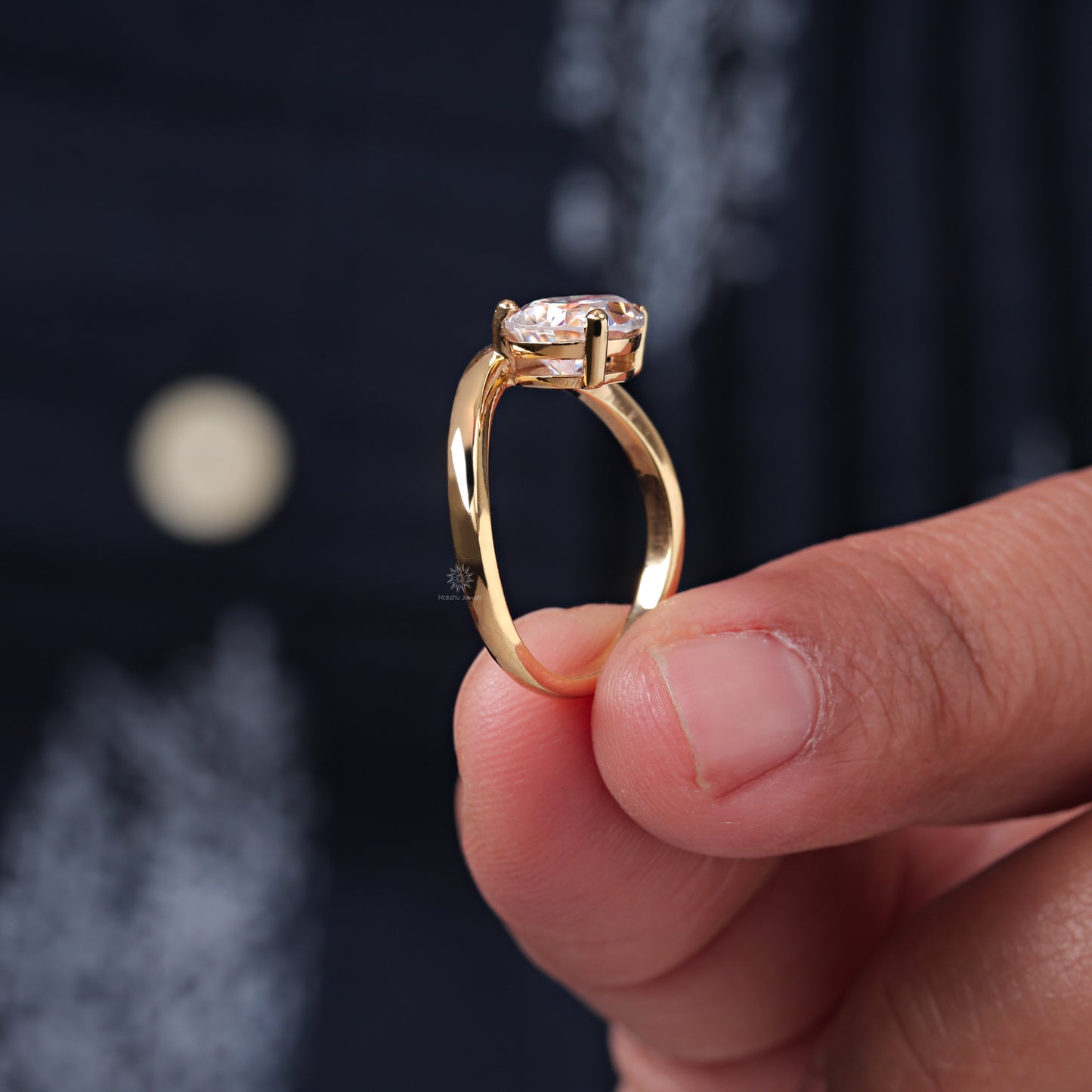 East West Pear Cut Moissanite Curved Engagement Ring In 14K Yellow Gold Wedding Wave Ring For Women