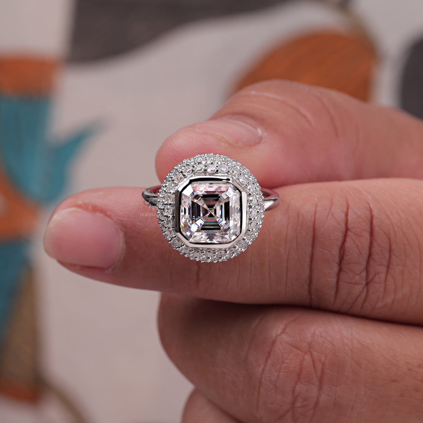 Stunning Bezel Set Asscher Cut Moissanite Pave Dome Engagement Ring